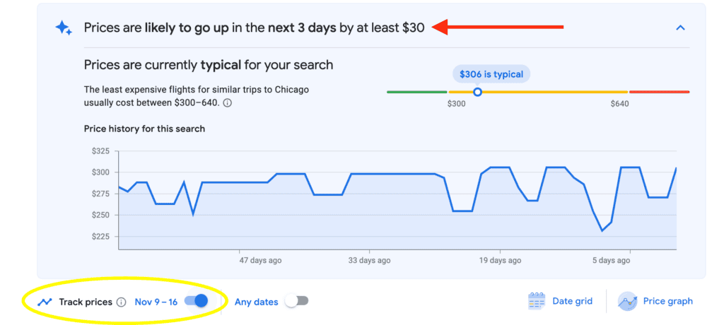 Google Flights tracking alert