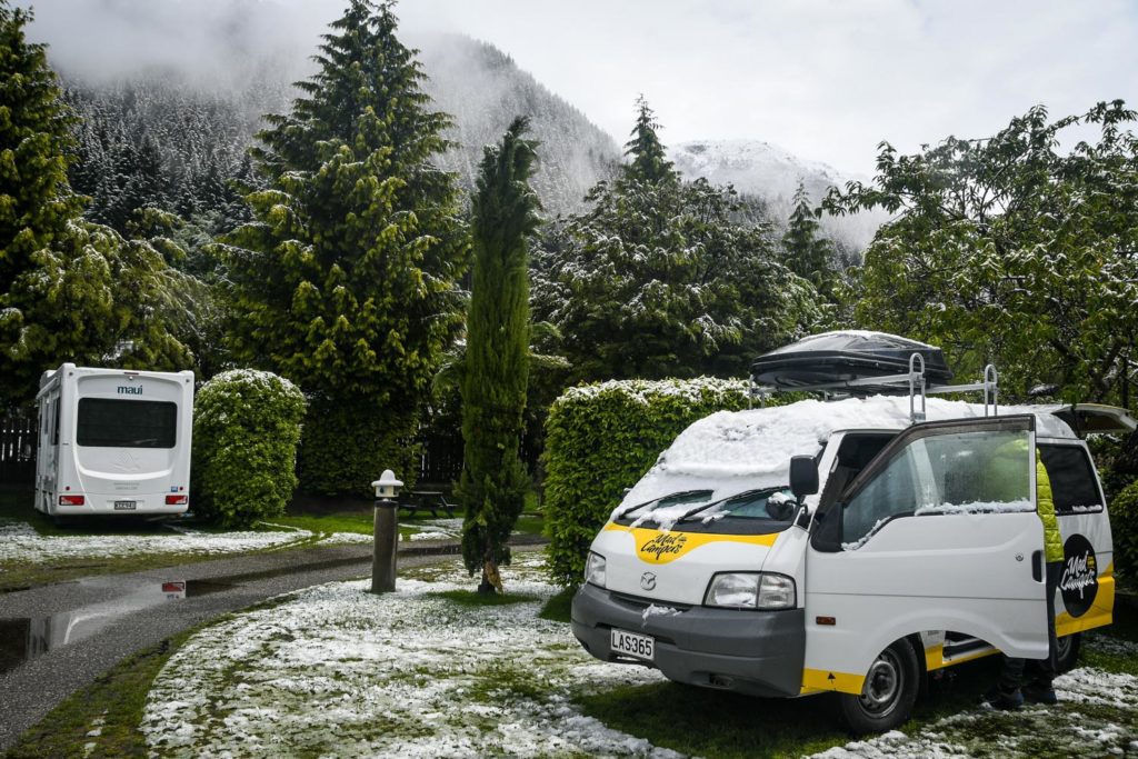 South+Island+New+Zealand+Itinerary+Road+Trip+Campground+Snow Mad Campers