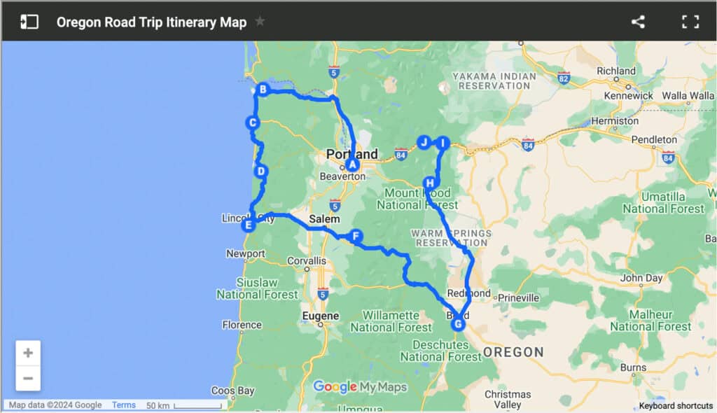 1-week Oregon Road Trip Itinerary Map