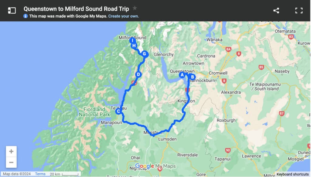 Queenstown to Milford Sound Map