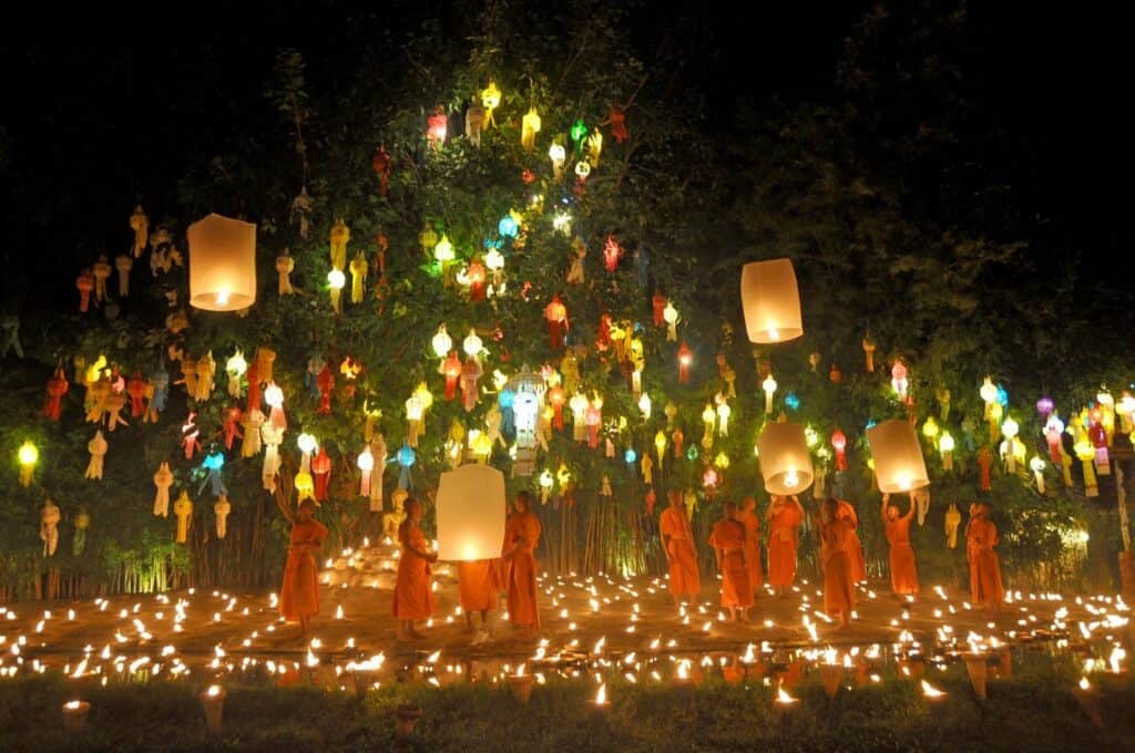 Loy Krathong Sky lanterns at Wat Pan Tao Chiang Mai Thailand