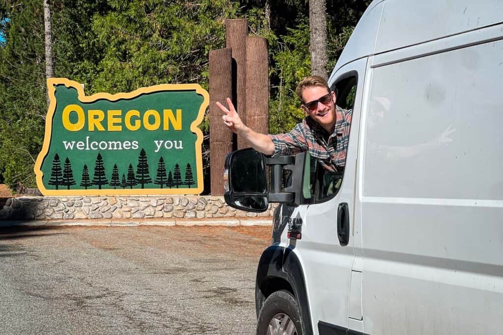 Welcome to Oregon sign campervan