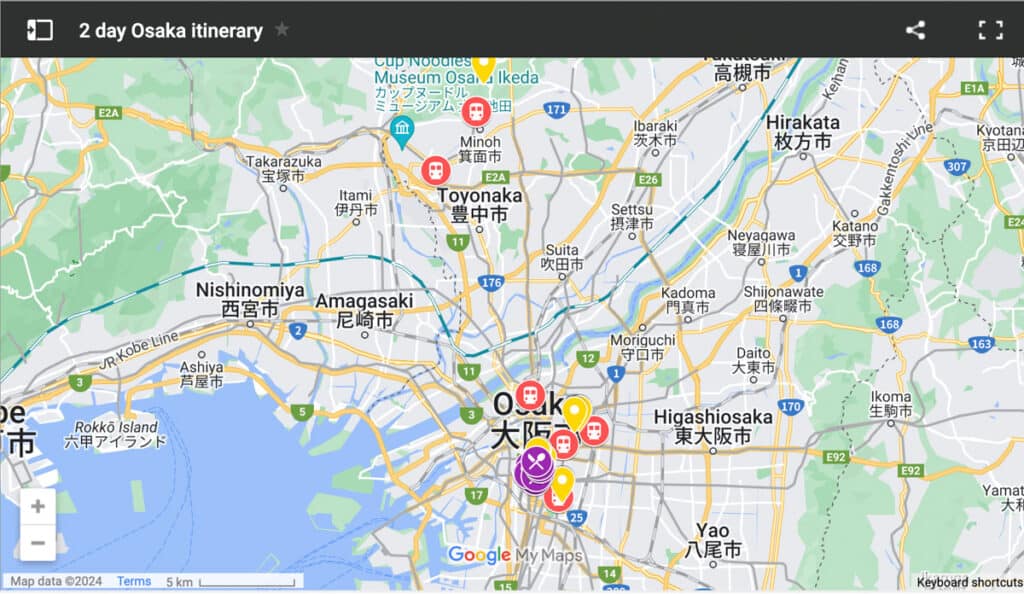 2 day Osaka itinerary map