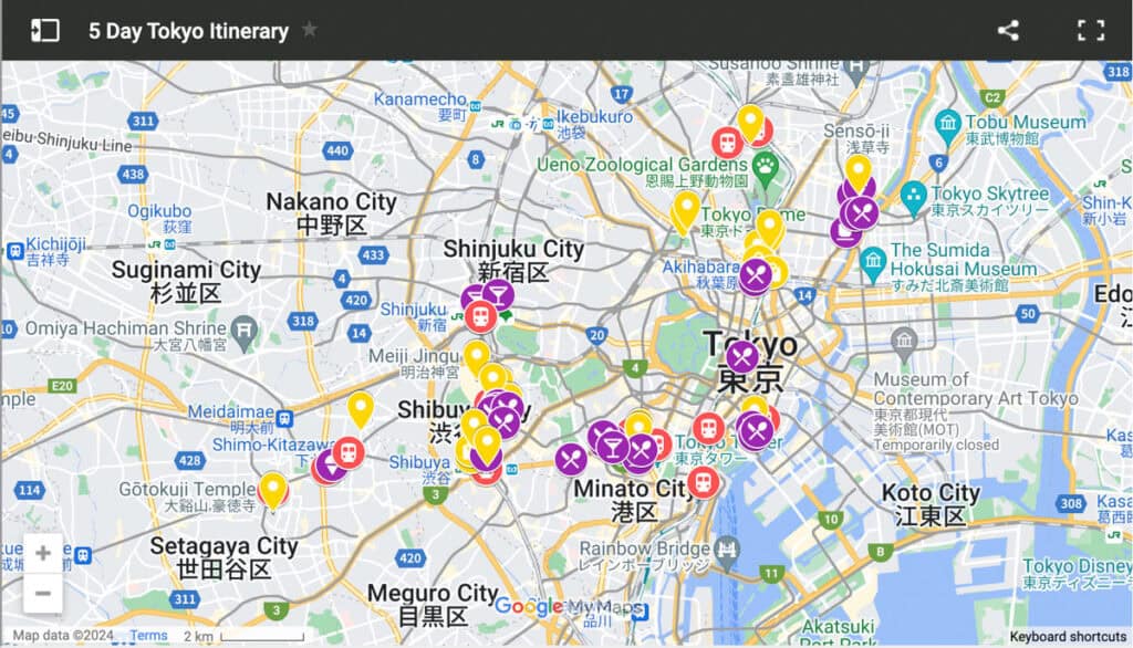 5 day Tokyo itinerary map