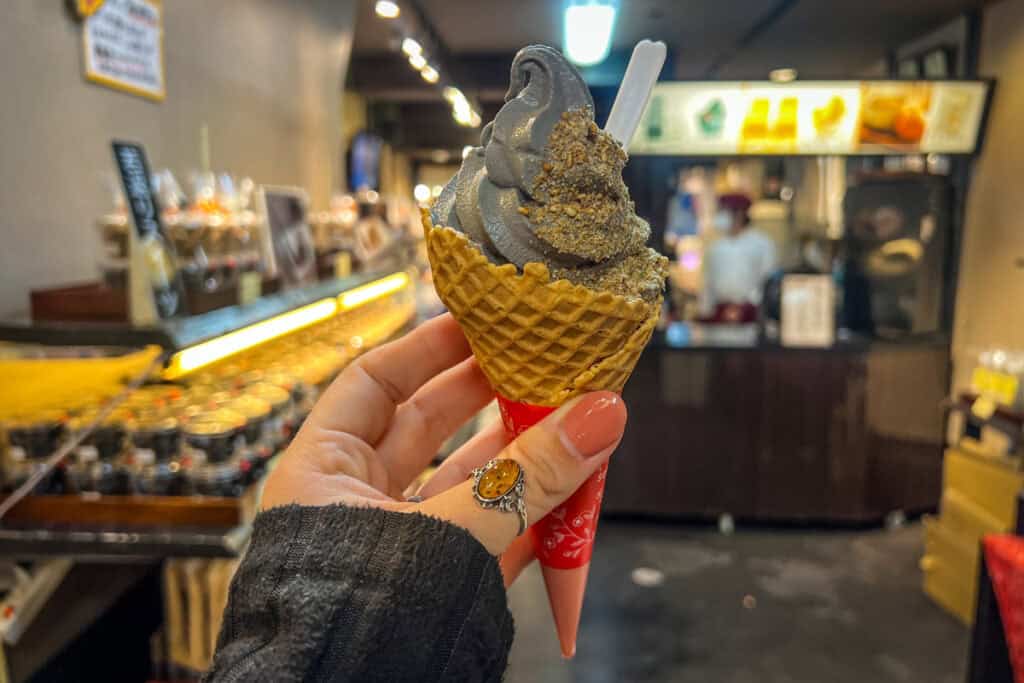 Black sesame ice cream Nishiki Market Kyoto Japan