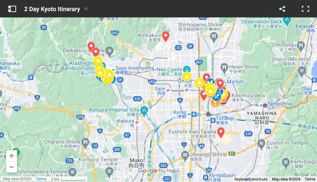 Google Map 2 day Kyoto itinerary Japan