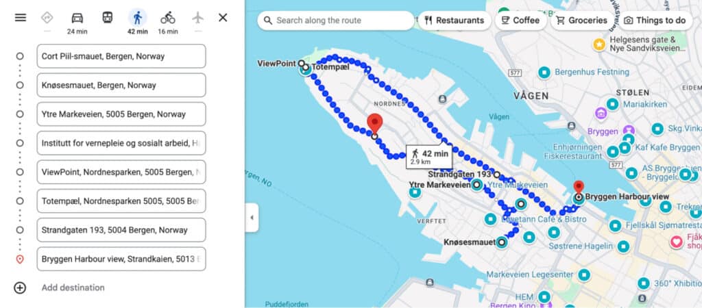 Bergen walking streets route map Norway