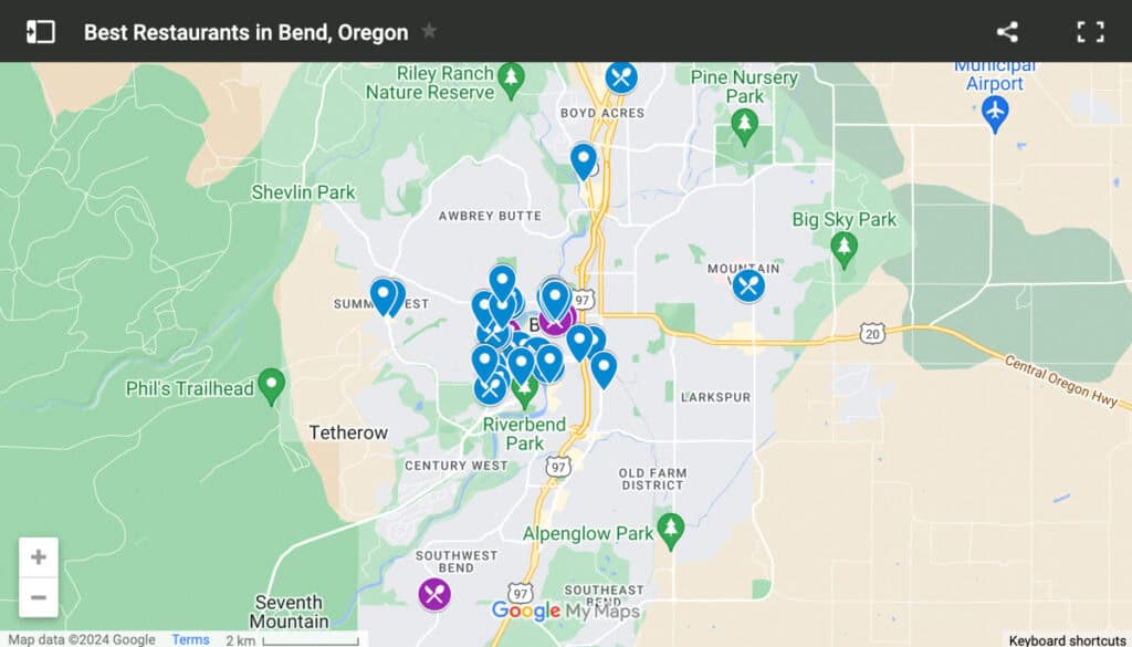 Map of the best restaurants in Bend Oregon