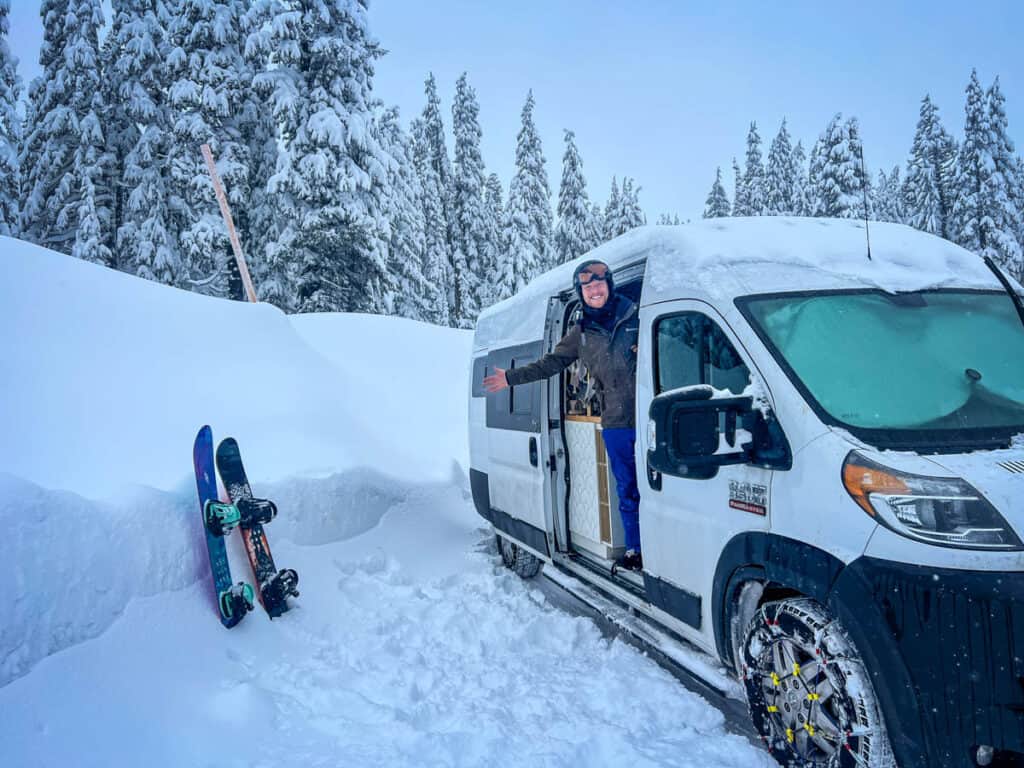 Mount Hood Campervan winter camping snowboard